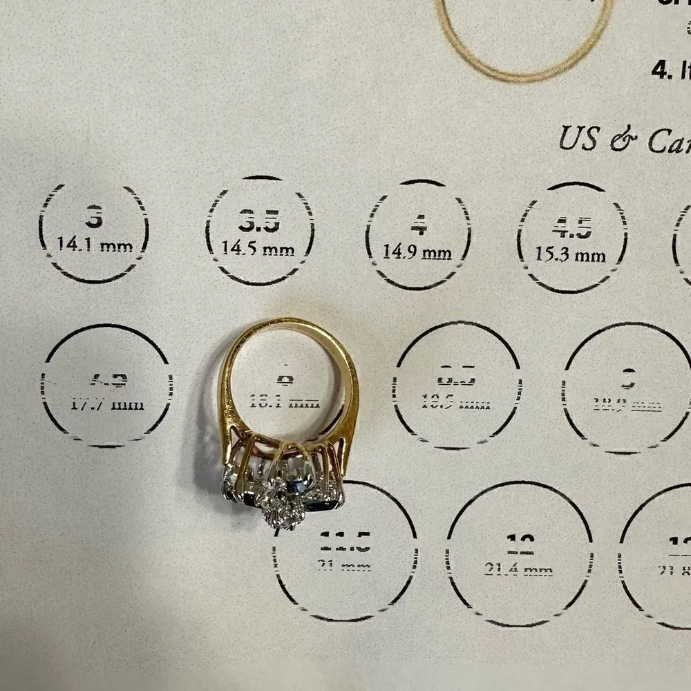 Vintage 18KT HGF Gold Sapphire blue gemstone and CZ cocktail ring Size 8-8.5